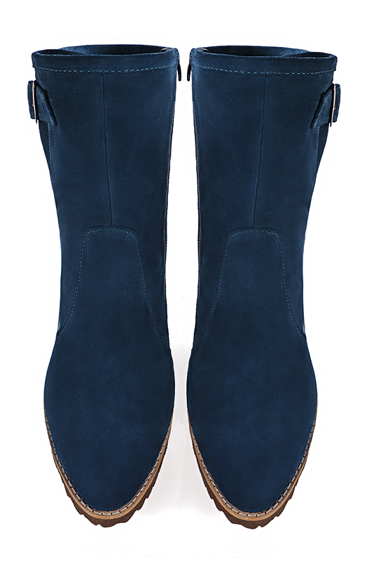 Navy blue women's ankle boots with buckles on the sides. Round toe. Flat rubber soles. Top view - Florence KOOIJMAN